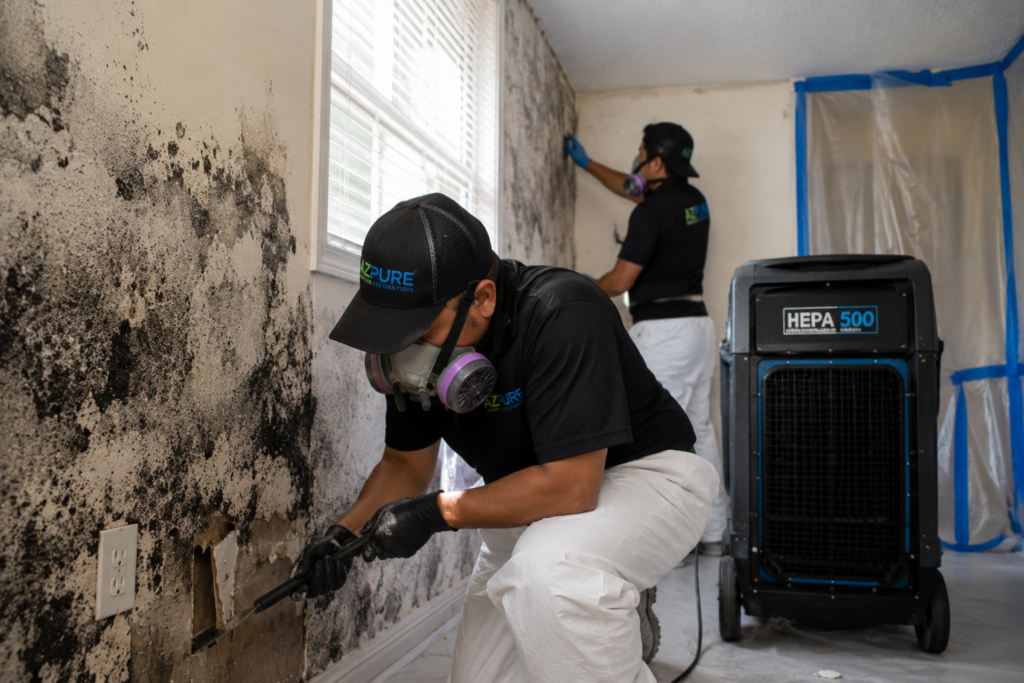 Mold remediation technicians removing black mold from a residential wall.