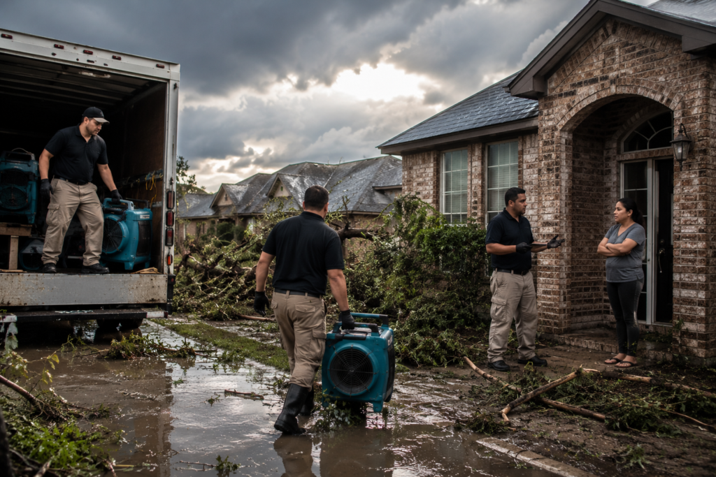 Storm damage restoration technician inspecting a residential property after heavy monsoon flooding.