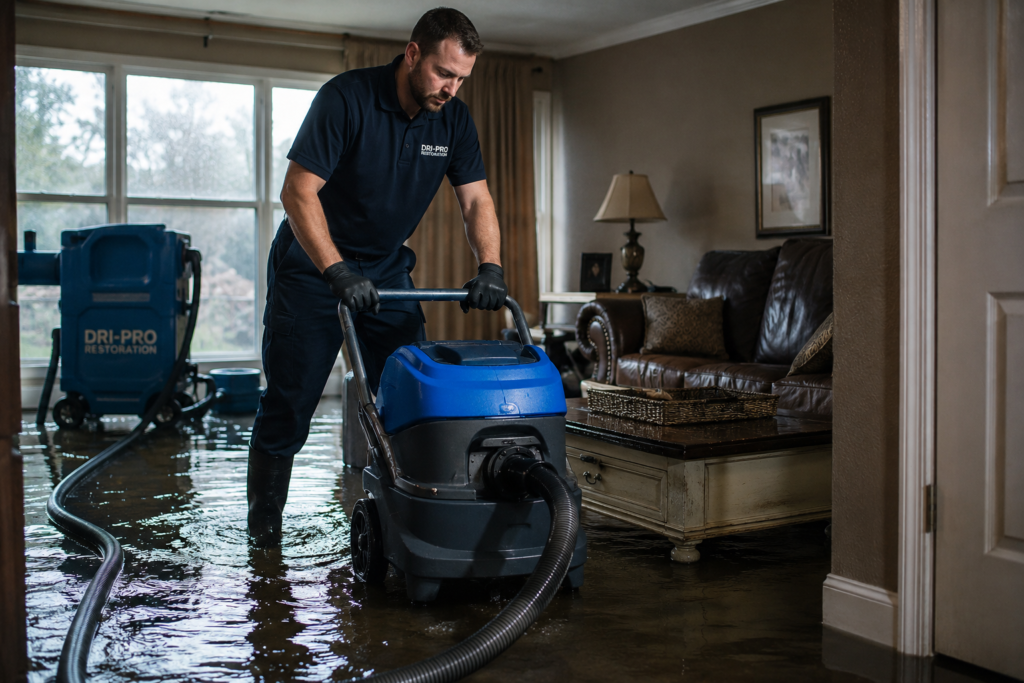 Professional water damage restoration technician operating an industrial water extraction machine in a flooded living room, removing standing water from the floor near water-damaged furniture.
