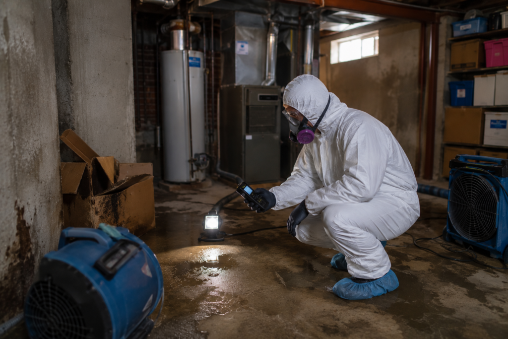 Biohazard cleanup technician inspecting a flooded basement after a sewer backup.