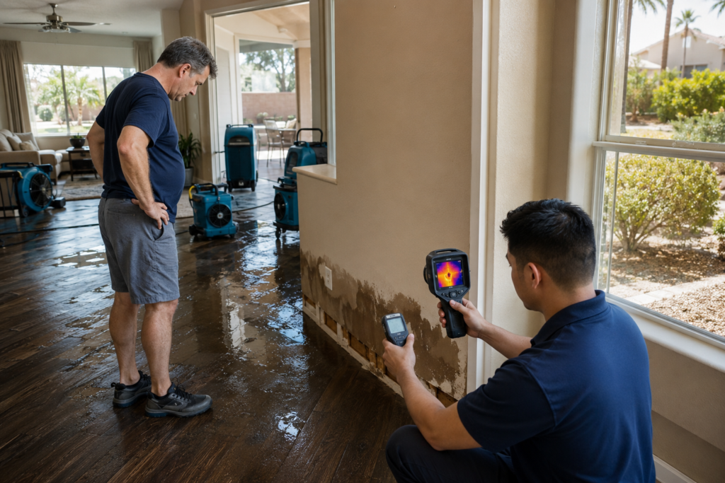 Mesa homeowner inspecting water damage while restoration professionals dry affected areas inside a residential property.