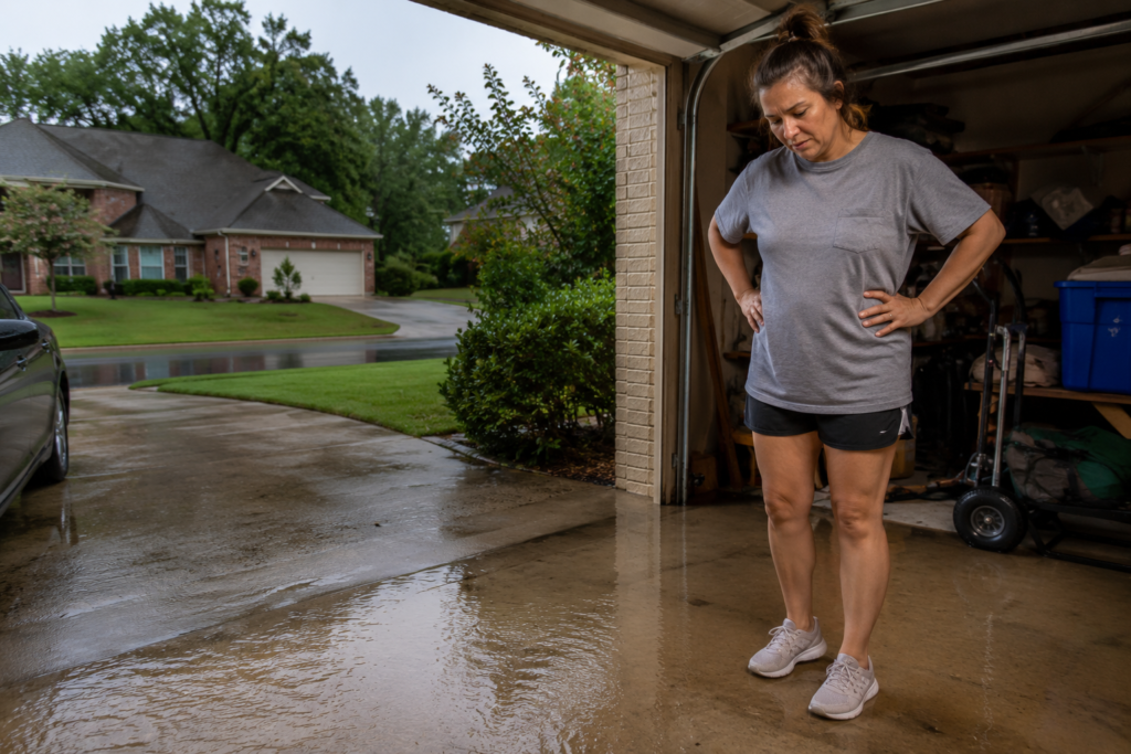 Mobile, Alabama homeowner inspecting water intrusion in a garage after a Gulf Coast summer storm.