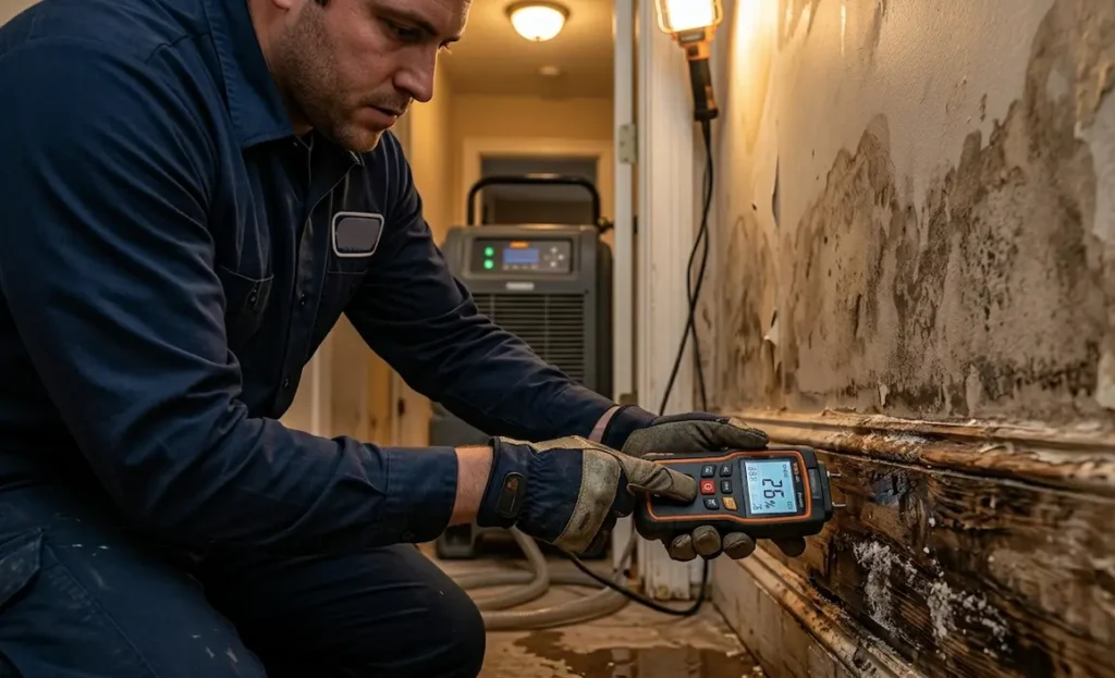 Water damage restoration technician assessing saltwater flood damage inside Charleston SC coastal home with moisture meter